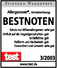 Stiftung Warentest Siegel: Allergocover Matratzenbezug, Bestnoten, Ausgabe 3/2003